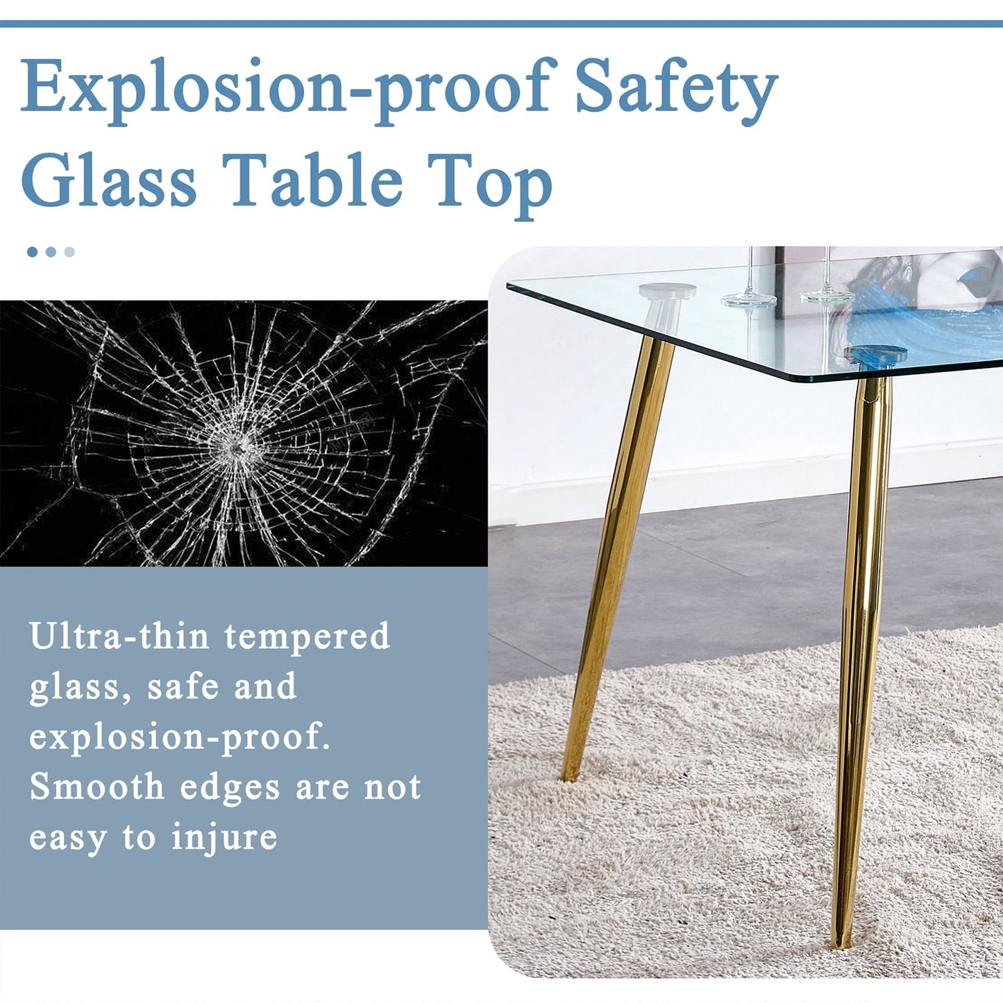 Tempered Glass Dining Table for 4, Sudica 51" Modern Rectangular Glass Kitchen Table with 4 Golden Plating Metal Legs