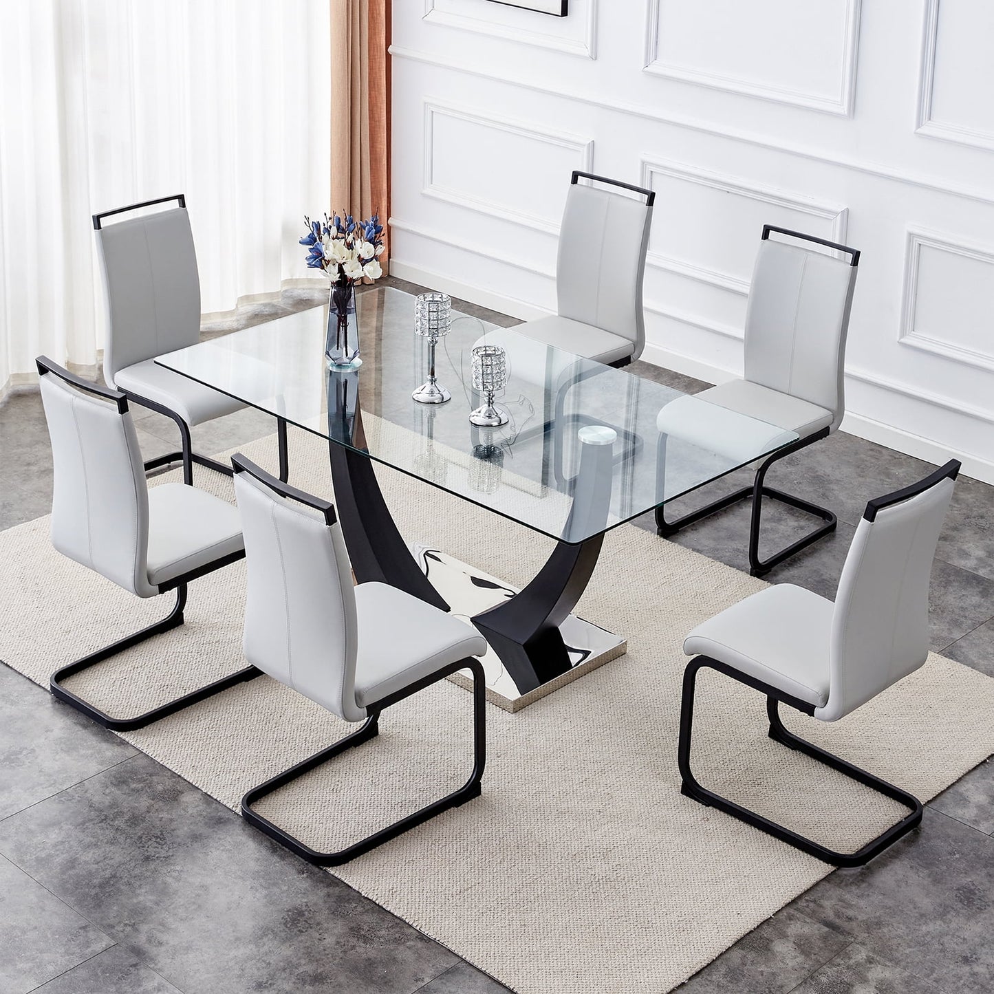 7-Piece 67"Glass Dining Table Set, Sudica Modern Table & Chair Set with 6 PU Leather Padded Dining Chairs, Light Gray