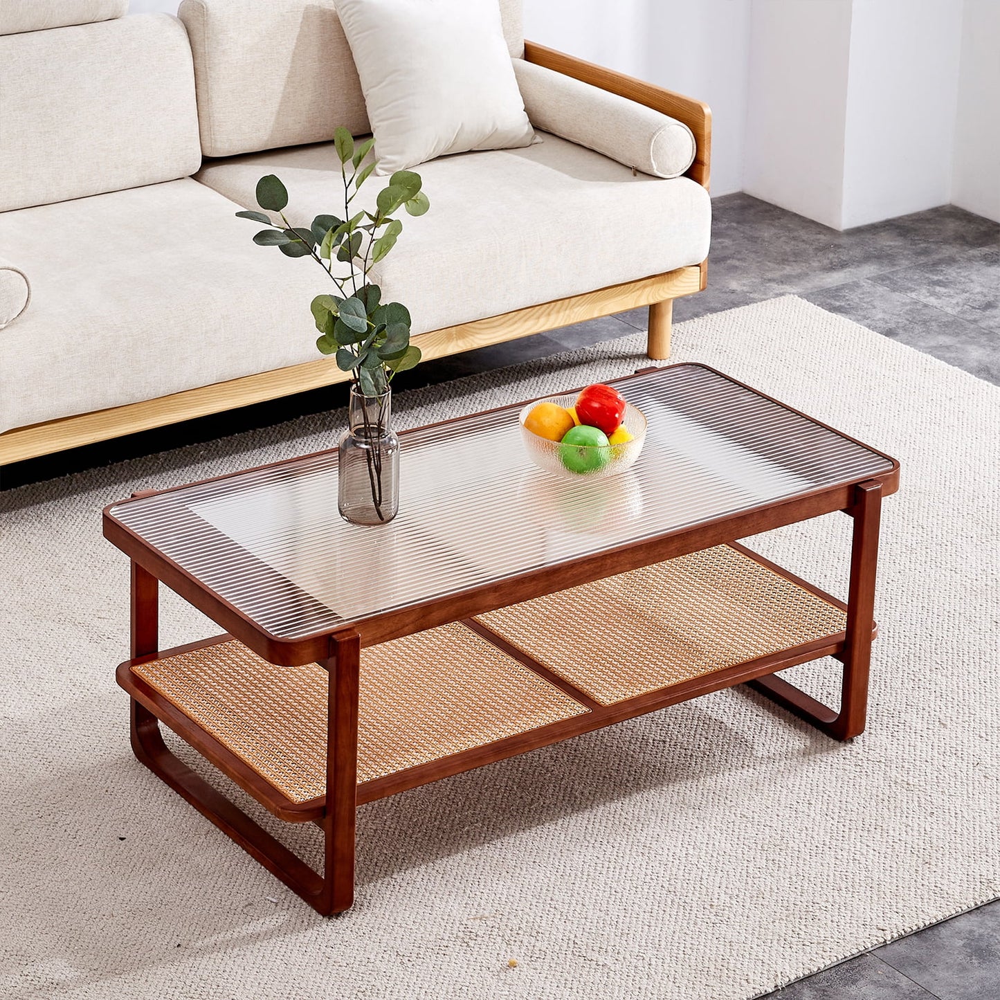 Sudica Rattan Coffee Table with Glass Top Wooden Rectangular Coffee Table with Storage Shelf,Walnut