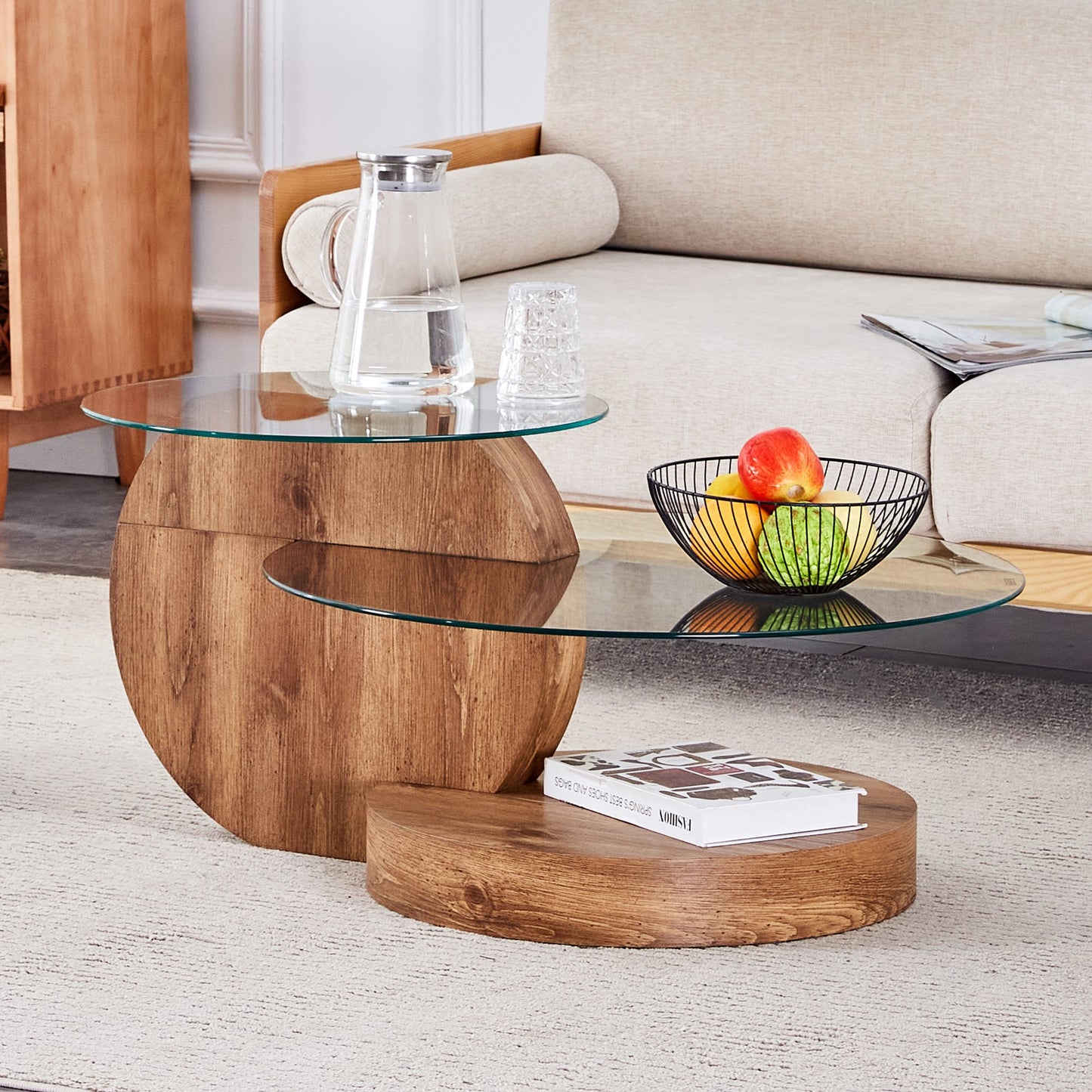 Sudica Modern Coffee Table with Double-layer Round Glass Tabletop，27 inch Tea Table with Dark Wood Grain Base,Center Table for Living Room