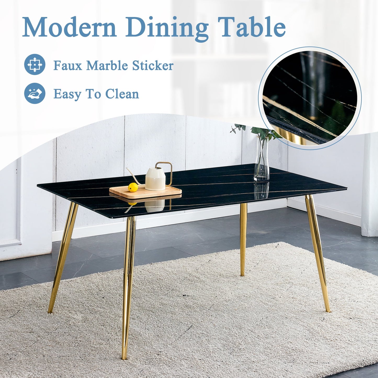 Dining Table with Marble Grain for 6, Sudica 63" Large Rectangular Kitchen Table with 4 Golden Plating Metal Legs