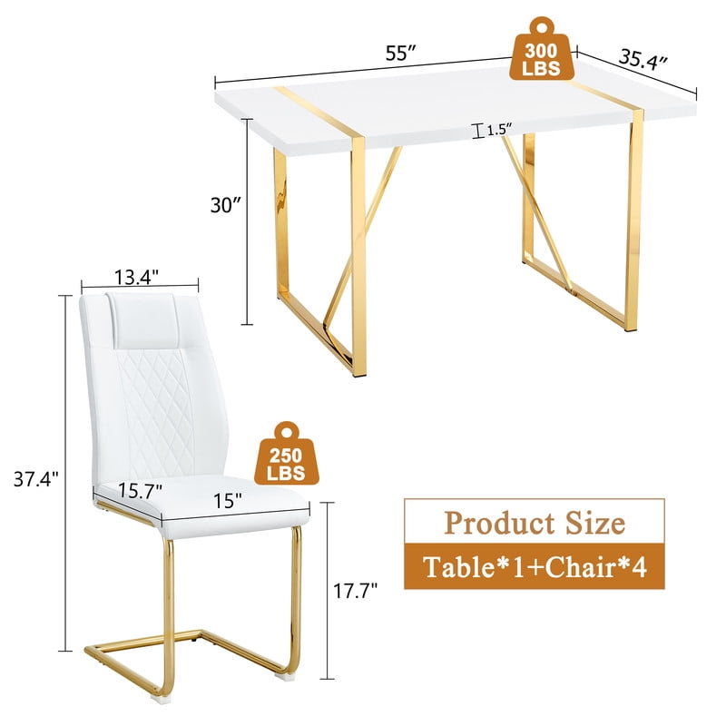 Sudica White Dining Table Set with Gold Legs, 55 inch Kitchen Table and Faux Leather Dining Chairs for Kitchen,White