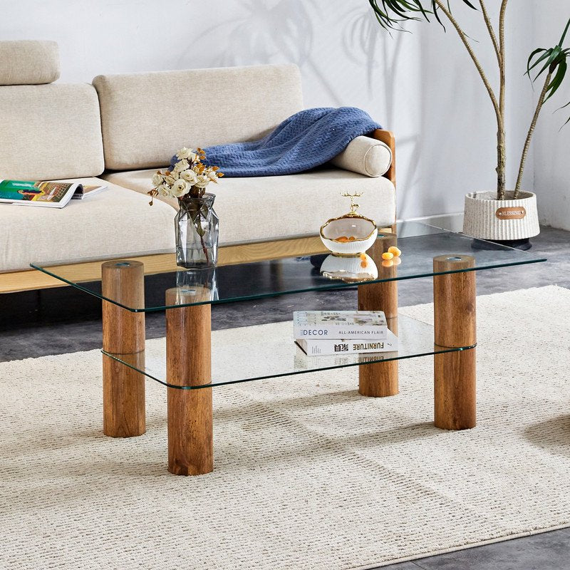 Modern Minimalist Double Layered Transparent Tempered Glass Coffee Table,47 inch Sudica Rectangular Tea Table with wooden Legs