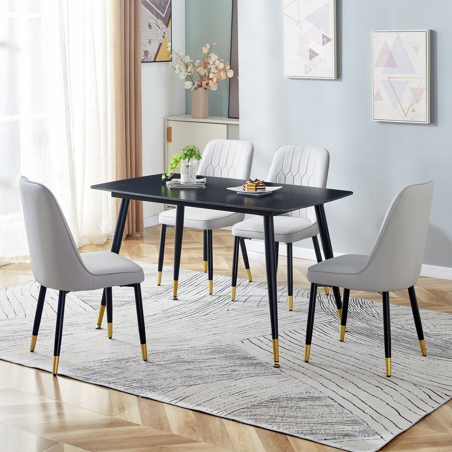 Sudica 5-Piece Kitchen Dining Table Set,Black Faux Marble Dining Tabletop with 4 Faux Leather Dining Room Chairs, Gray