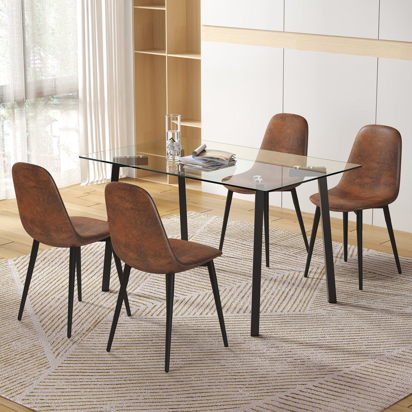 5 Pieces Dining Room Table Set, Sudica Modern Table Set for 4 PU Leather Dining Chair with Glass Dining Table for Living Room, Kitchen