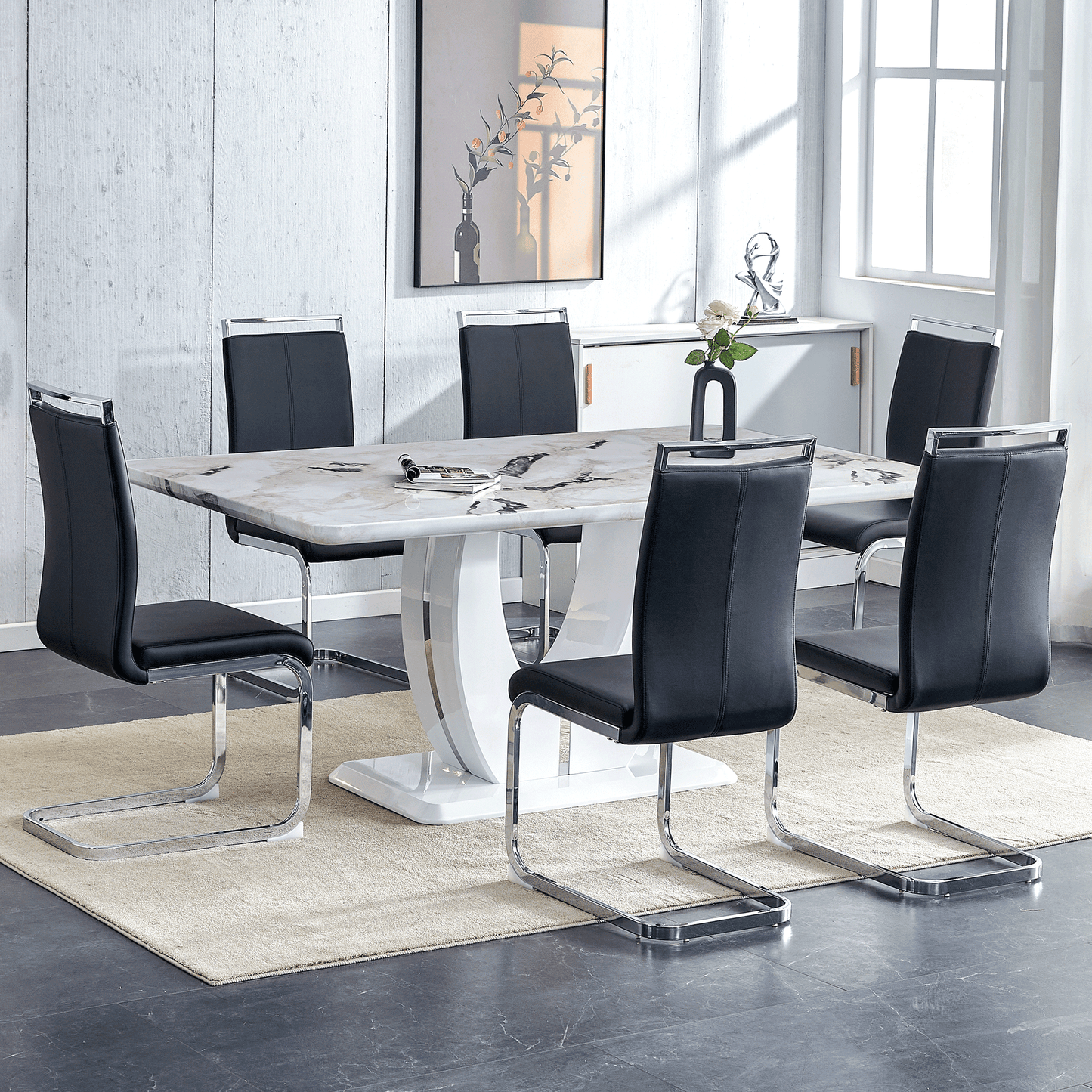 Sudica White Dining Table Set for 6, 71" Marble Kitchen Table with PU Leather Dining Room Chairs, Black