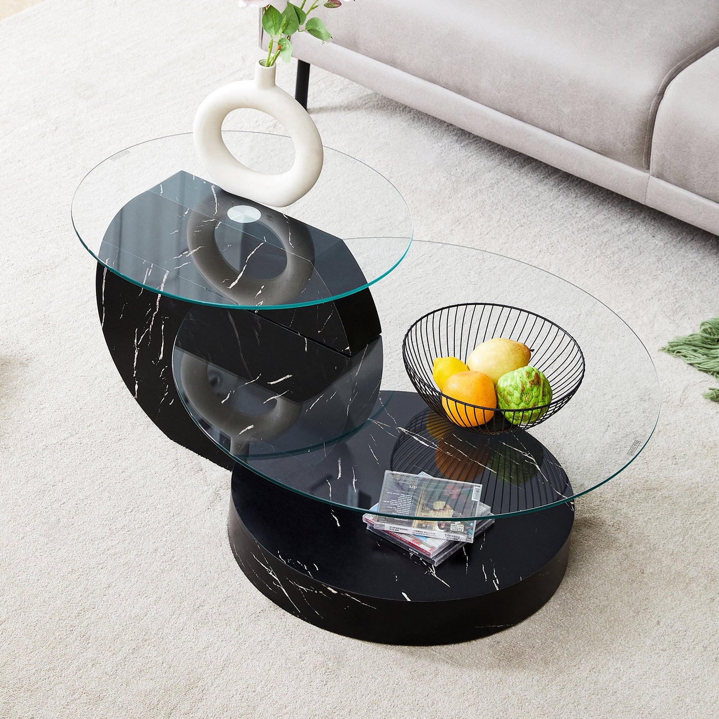 Sudica Modern Coffee Table with Double-layer Round Glass Tabletop，31 inch Tea Table with Black Marble Patterned Base,Center Table for Living Room