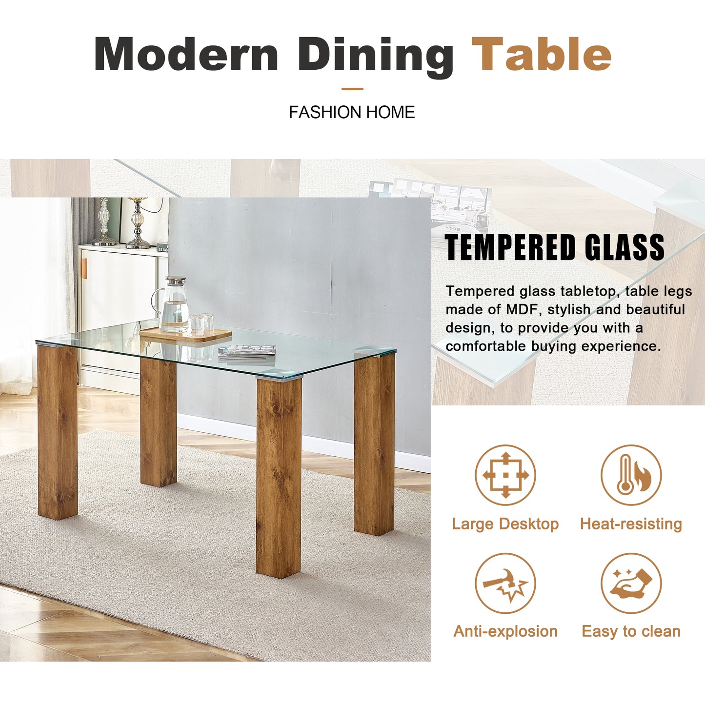 Sudica Glass Dining Table for 4, 51 inch Modern Rectangular Tempered Glass Kitchen Table with 4 Wood Legs