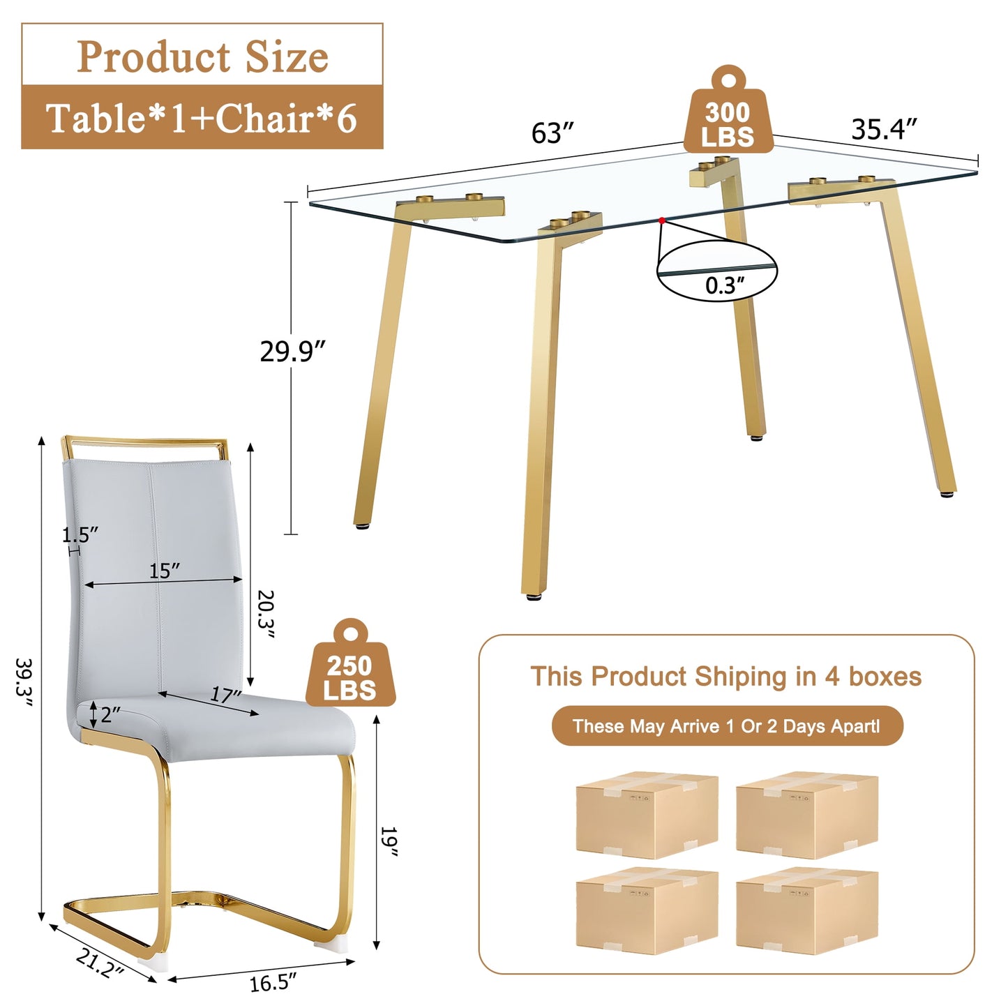 63" Large Glass Dining Table Set for 6, Sudica Gold Legs Kitchen Table with Faux Leather Dining Chairs,Light Gray