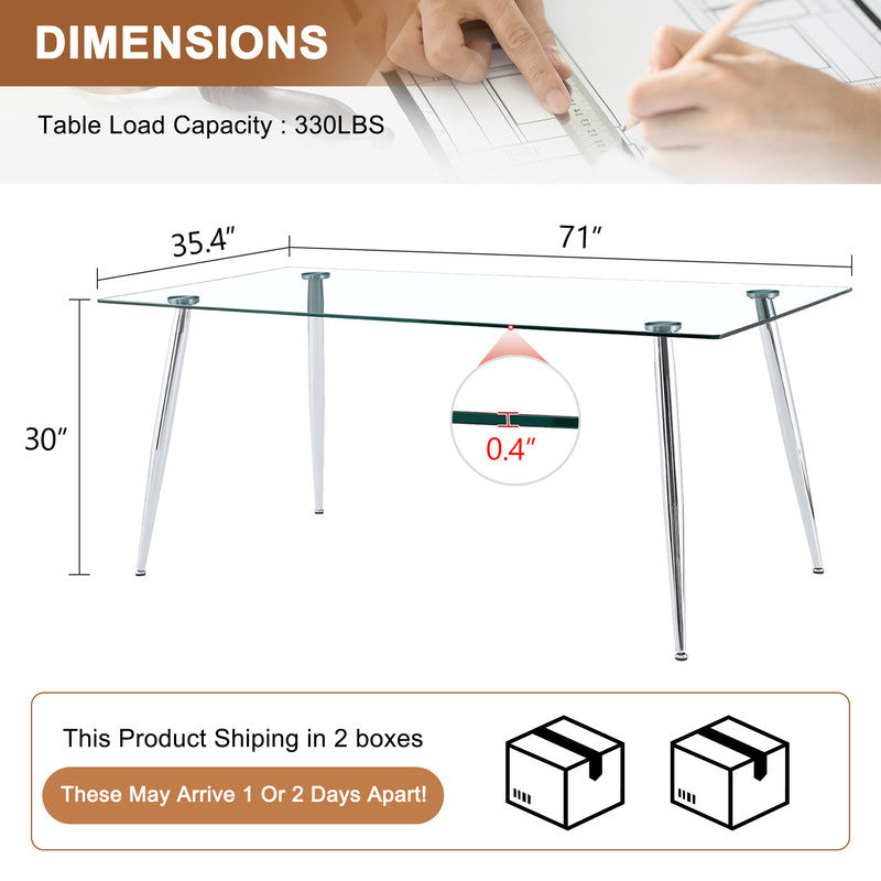 Tempered Glass Dining Table for 6, Sudica 71 inch Modern Rectangular Glass Kitchen Table with 4 Silver Plating Metal Legs