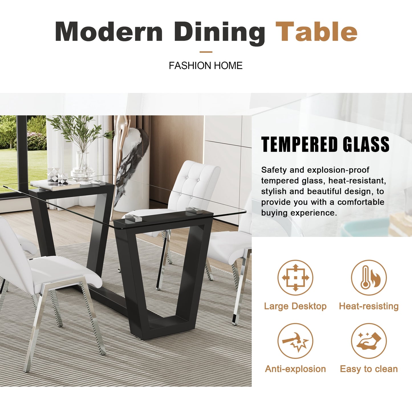 Sudica Glass Dining Table 63" Rectangular Tempered Glass Kitchen Table with Black MDF Legs for Dining Room