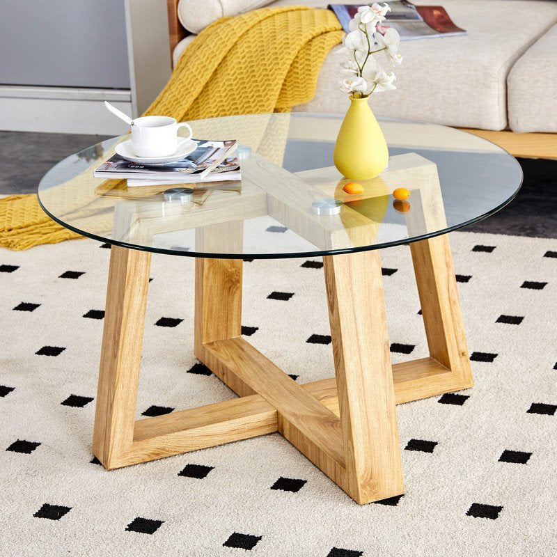 Sudica Glass Coffee Table,31 inch Modern Round Center Table with Wooden Legs for Living Room