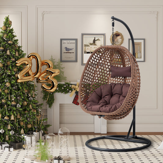 Hanging Egg Chair with Stand, Sudica Patio Soft Cushion Rattan Wicker Egg Swing Chair for Bedroom, Garden 350lbs Capacity, Dark Brown