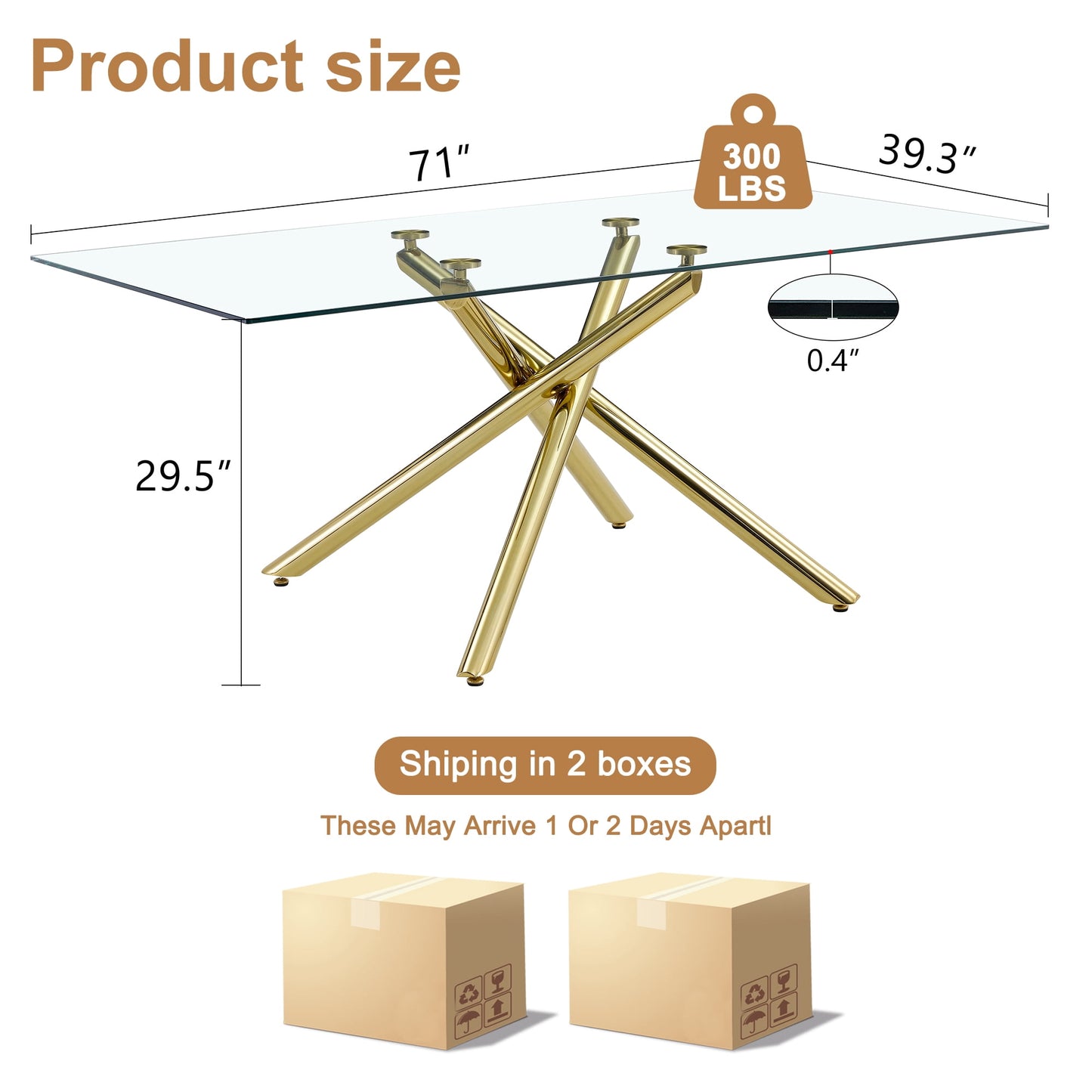 Sudica Modern Large Rectangular Glass Table for 6-8 with 0.39" Tempered-Glass Tabletop, Metal Legs for Kitchen Dining Room, Golden