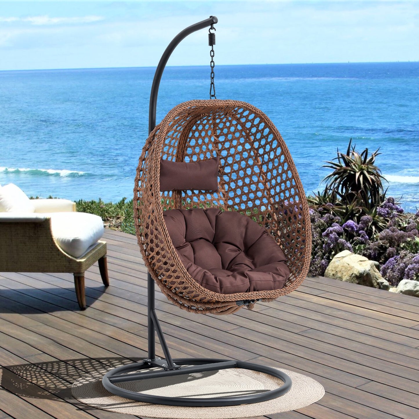 Hanging Egg Chair with Stand, Sudica Patio Soft Cushion Rattan Wicker Egg Swing Chair for Bedroom, Garden 350lbs Capacity, Dark Brown