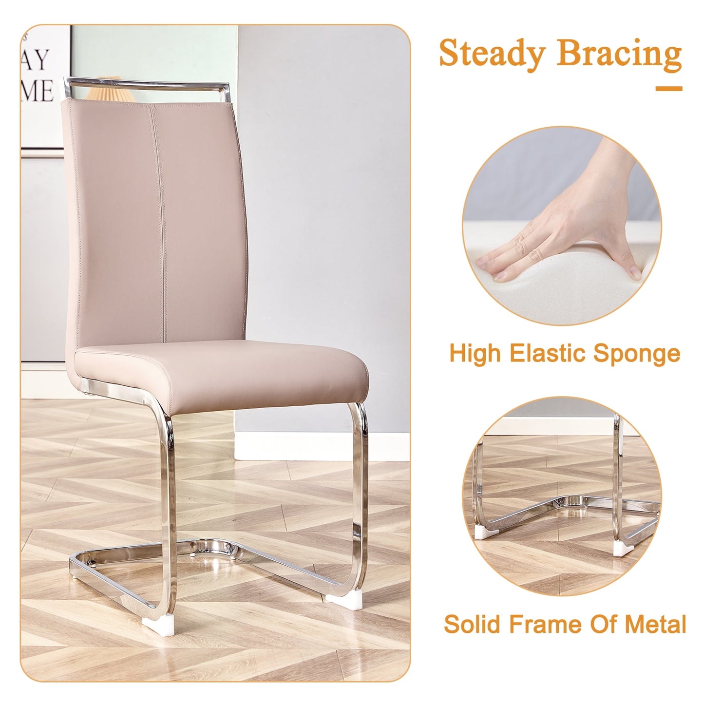 Modern Kitchen Dining Chair Set of 4, PU Leather Side Chairs with Metal Legs for Home, Champagne