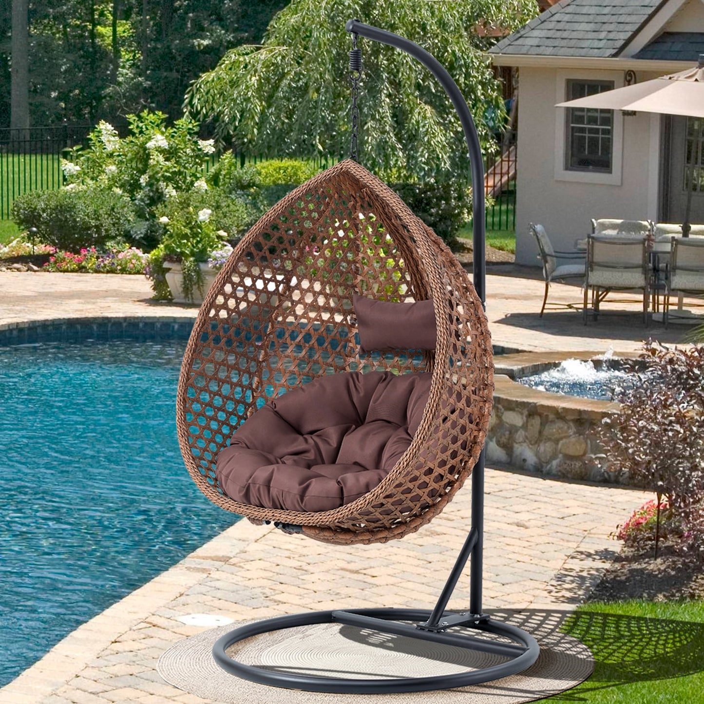 Sudica Egg Swing Chair with Stand Patio Soft Cushion Rattan Wicker Hanging Egg Chair for Bedroom, Garden 350lbs Capacity, Brown