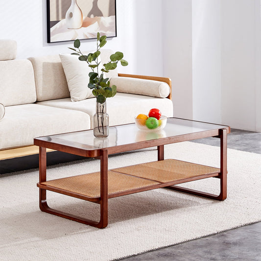 Sudica Rattan Coffee Table with Glass Top Wooden Rectangular Coffee Table with Storage Shelf,Walnut