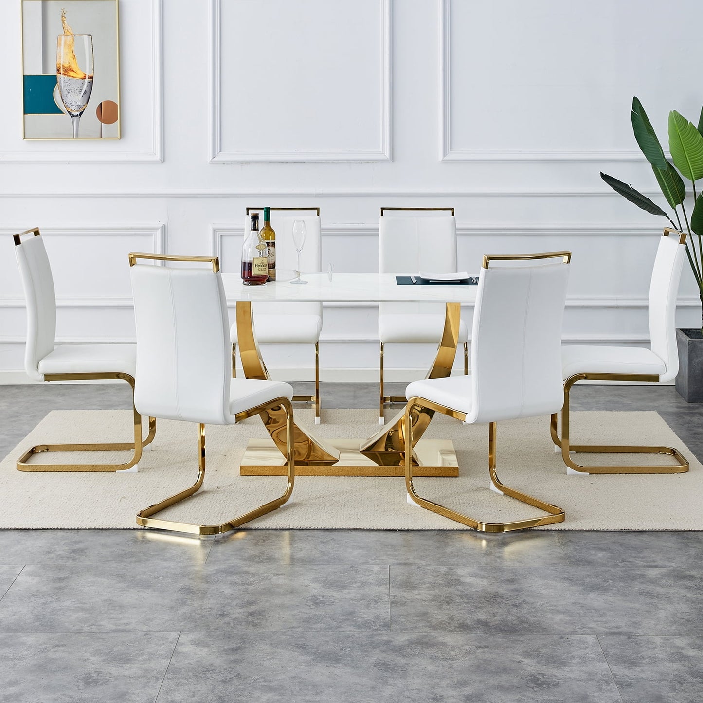 Dining Table Set for 6, Sudica Rectangular Faux Marble Kitchen Table with 4 Leather Gold Legs Dining Chairs,White