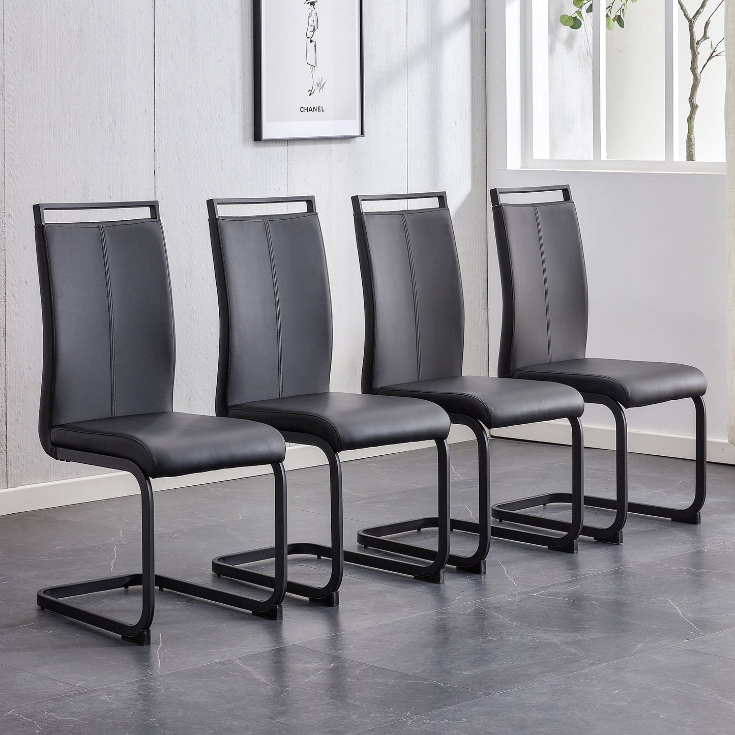 Modern Dining Side Chair Set of 4, PU Leather Side Chairs with Metal Legs for Home, Black