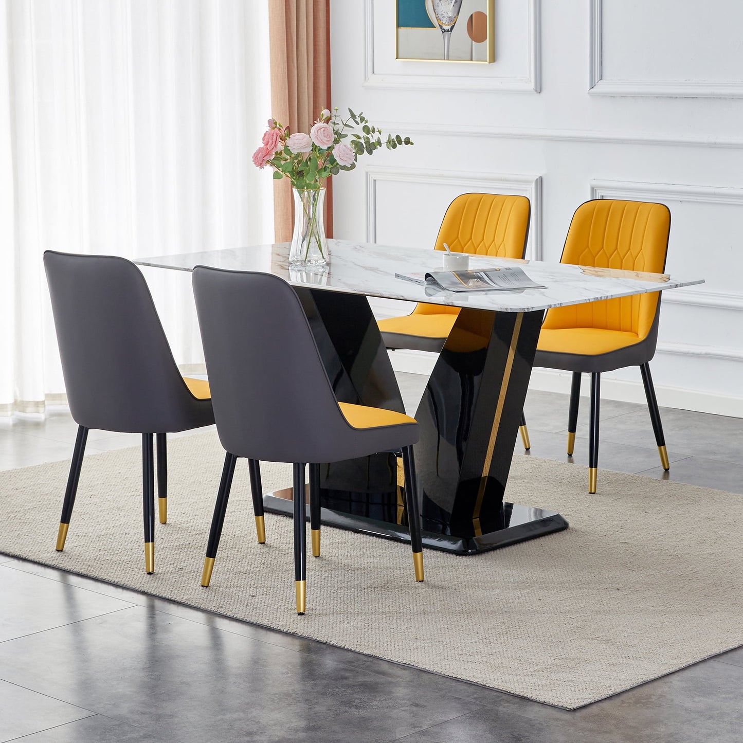 Sudica 63" Dining Table Set 5-Piece Marble Rectangular Kitchen Table & 4 Faux Leather Padded Dining Chair Set,Yellow