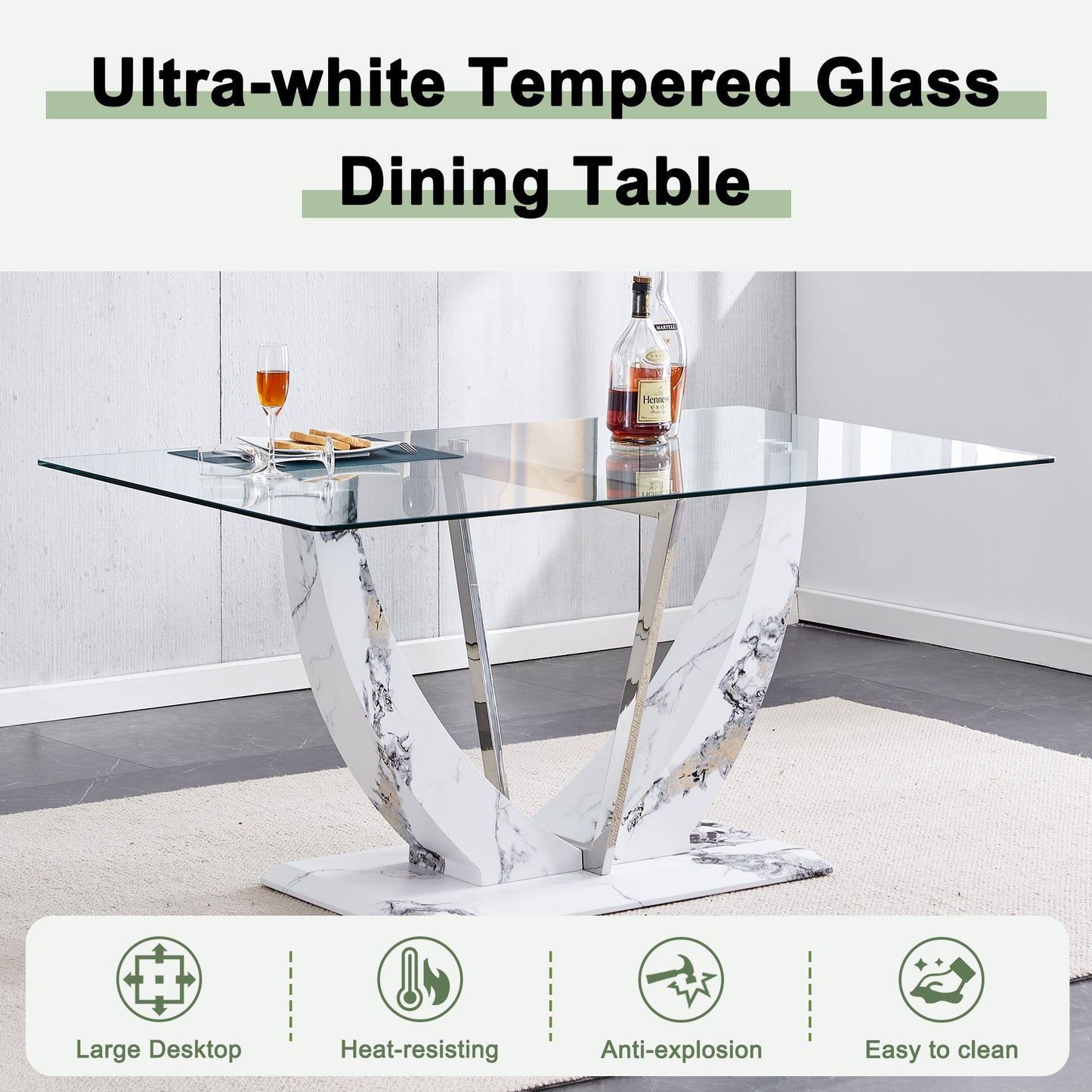 Sudica Glass Dining Table 63" for 6 People Modern Rectangular Kitchen Dining Room Table with Tempered Glass U-Shape Marble Base, White