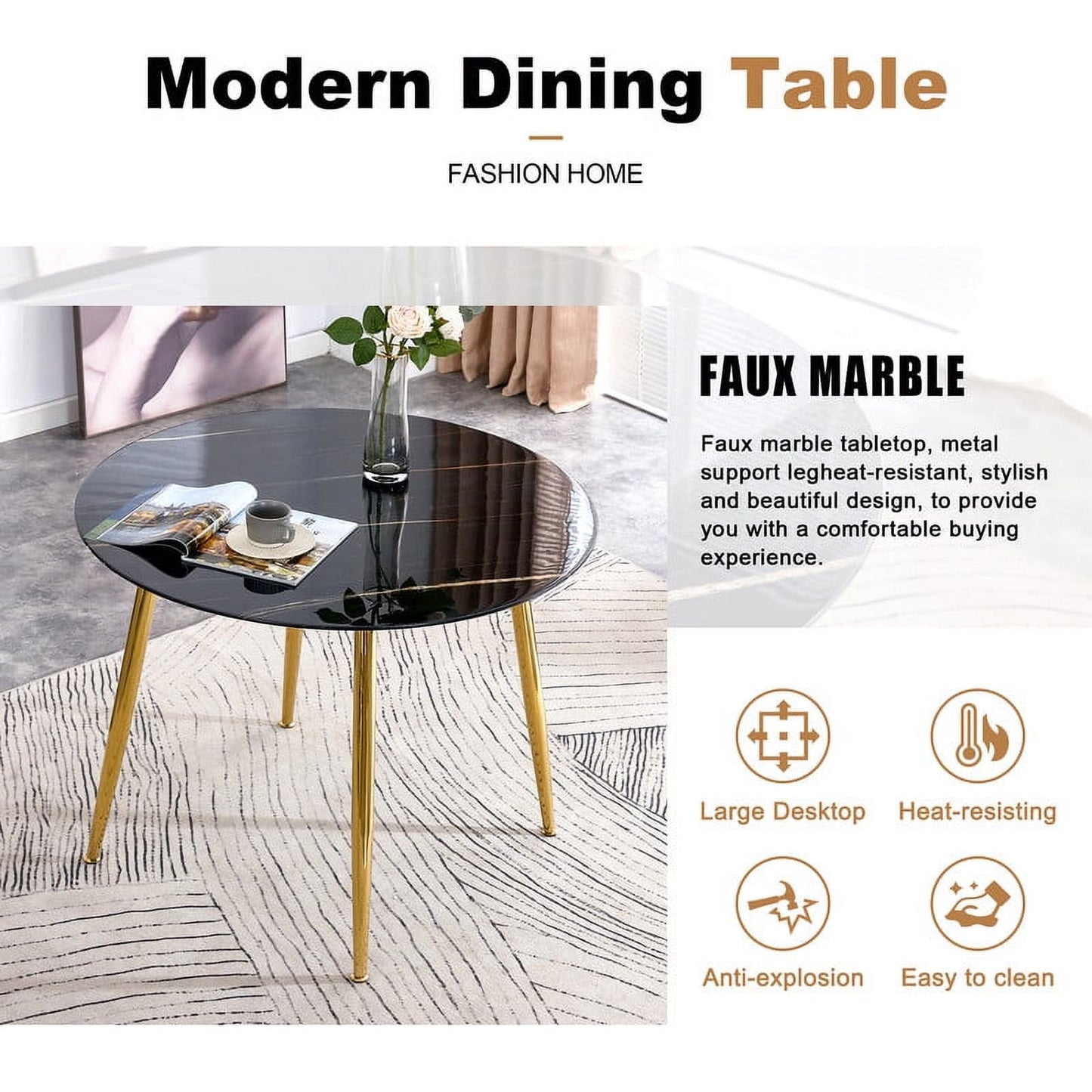 40 Inch Round Marble Dining Table for 4, Sudica Black Marble Table with Gold Legs Compact Kitchen Table for Living Room