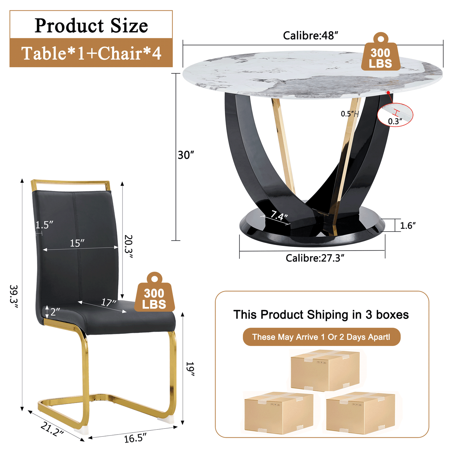 Sudica Round Dining Set for 4, 48" Round Marble Dining Table with PU Leather Dining Chairs, Gold Legs, Black