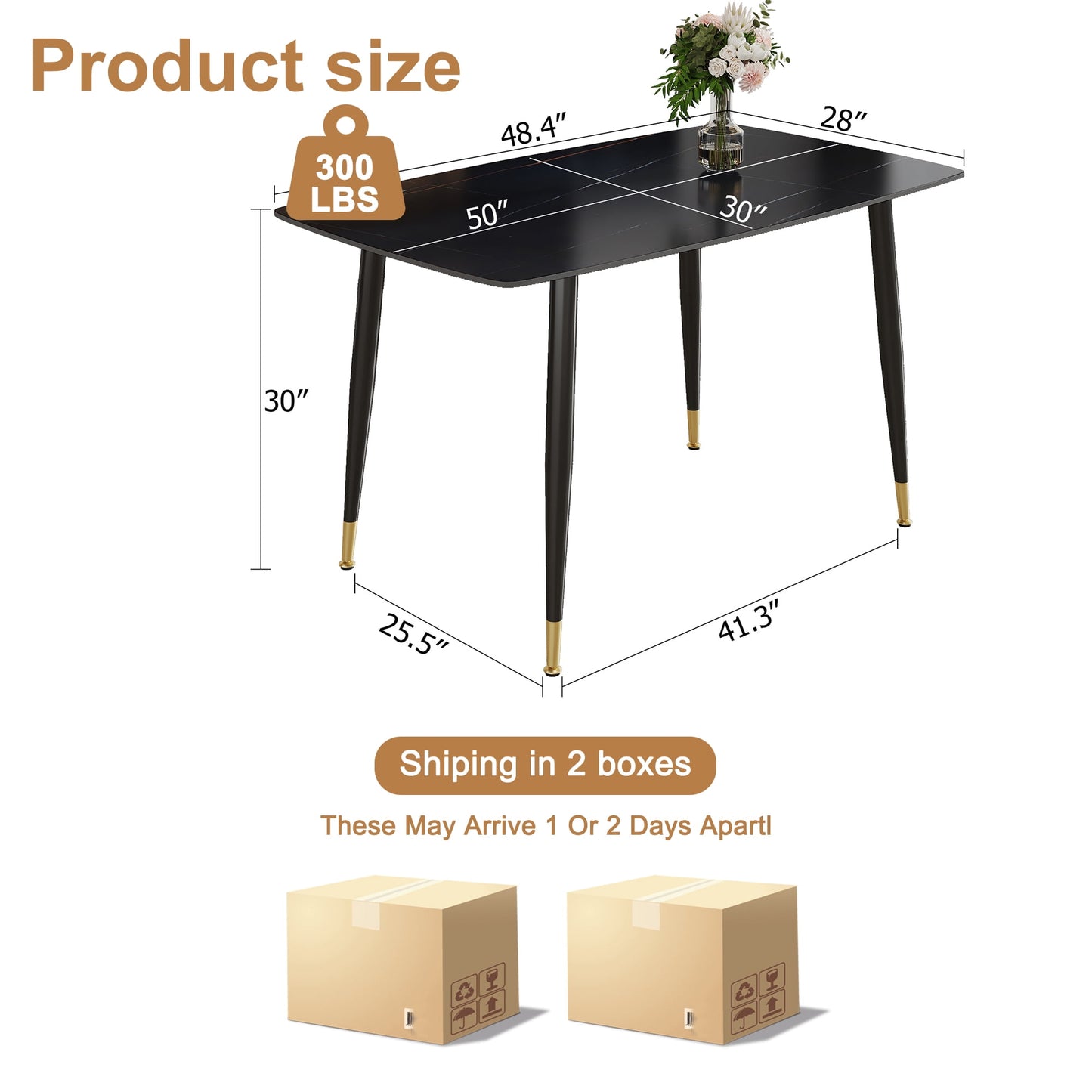 Sudica Dining Table 48" Rectangle Faux Marble Kitchen Dining Room Table with Metal Legs, Black