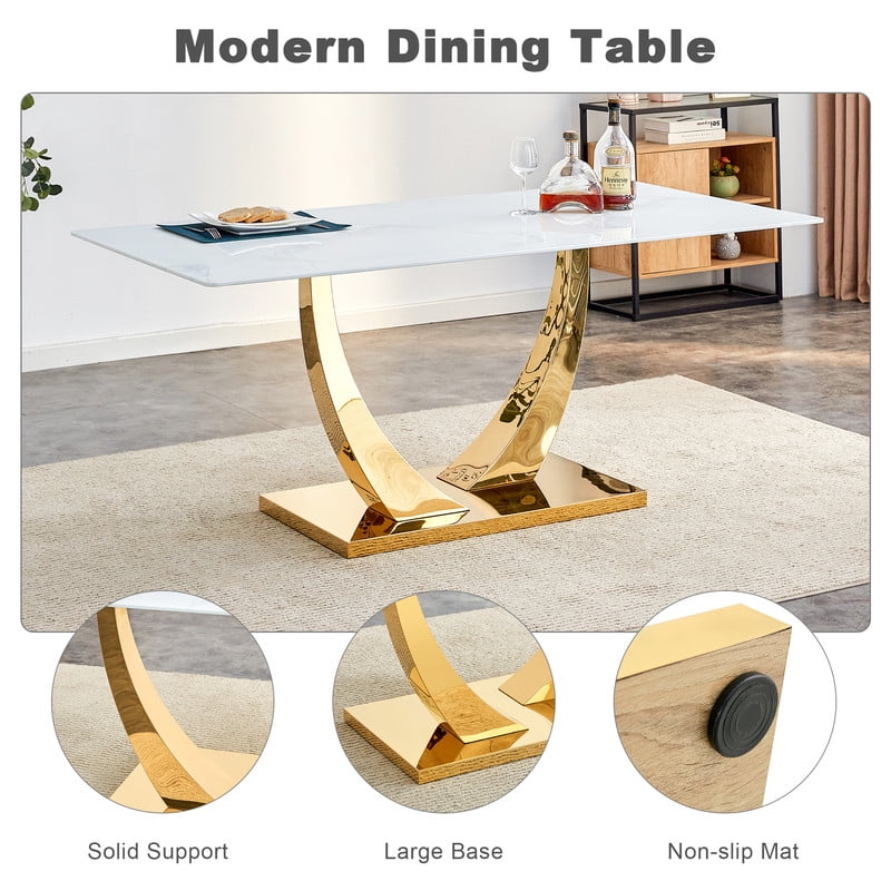 Sudica Modern Dining Table with White Marble Patterned Tabletop, 71 inch Large Dining Room Table with Golden U shape Base for Kitchen