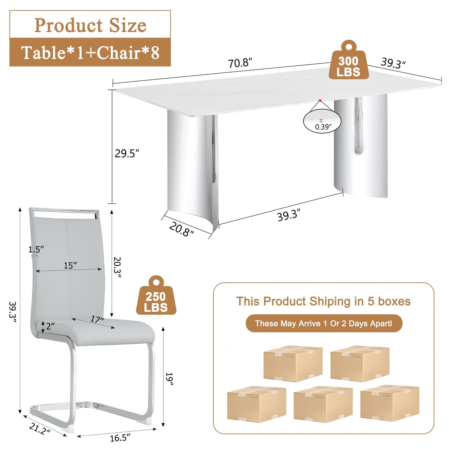 Dining Table Set for 8£¬Sudica 71" Faux Marble White Rectangular Dining Table and Upholstered PU Leather Dining Room Chairs for Kitchen,Light Gray