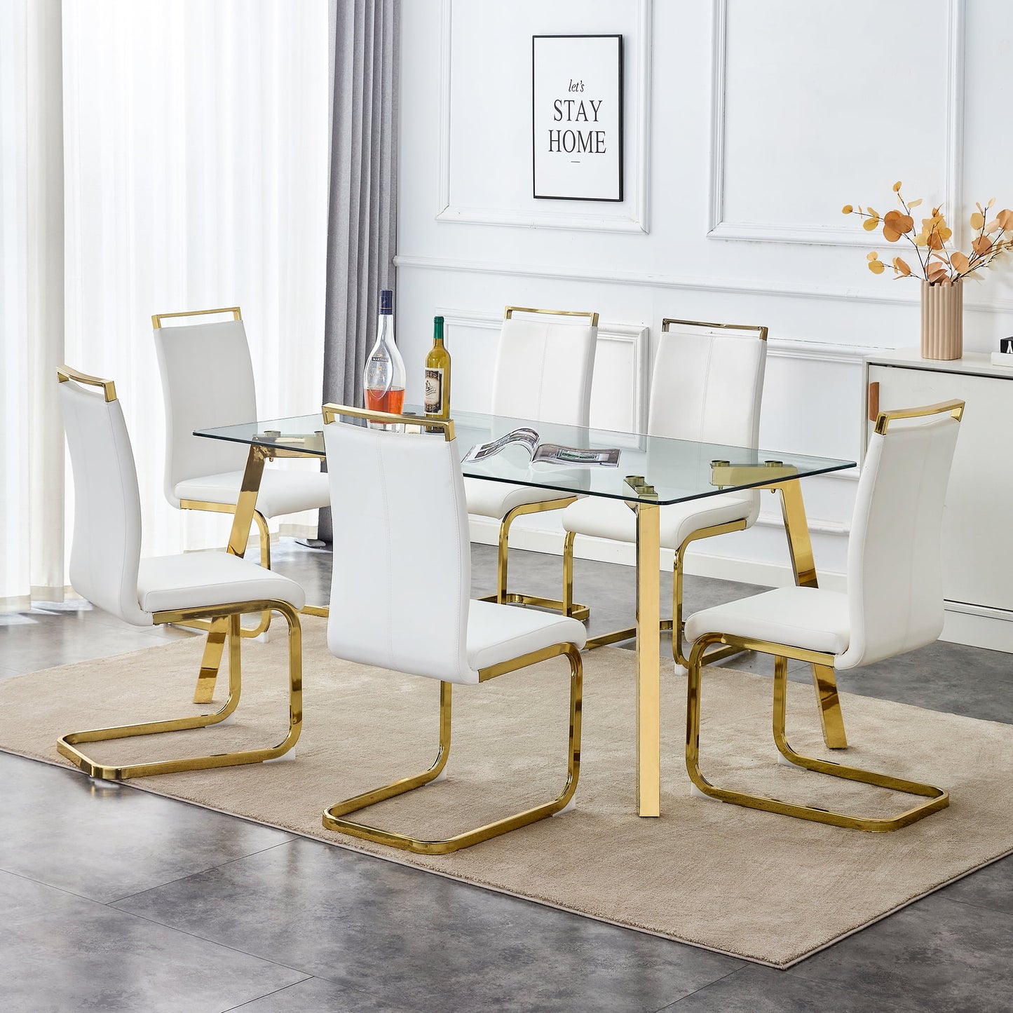 63" Large Glass Dining Table Set for 6, Sudica Gold Legs Kitchen Table with Faux Leather Dining Chairs,White