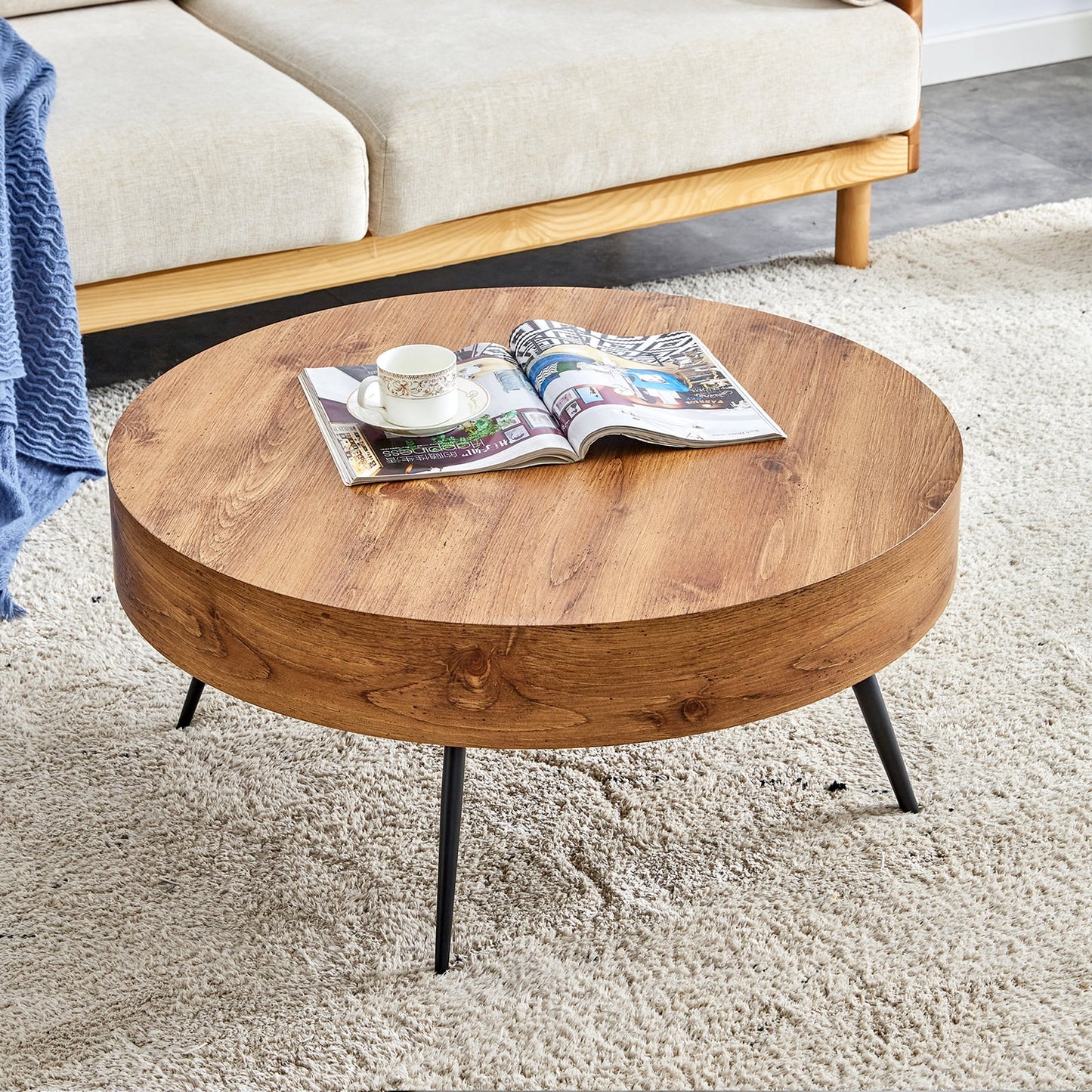 Sudica Coffee Table Wooden Round Modern Coffe Table with Black Legs for Living Room, 31.5 Inch