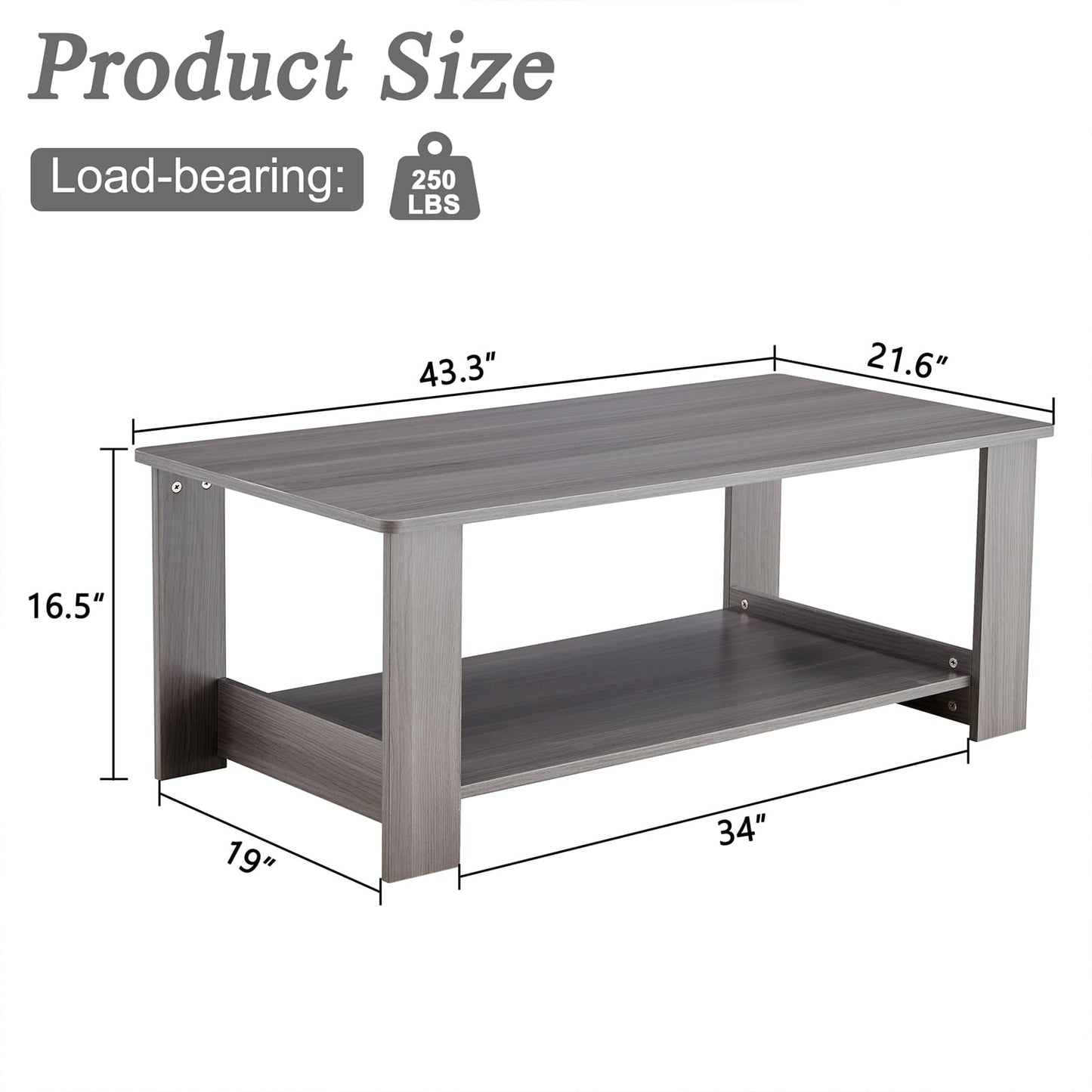 Sudica 43.3" Coffee Table with Storage Shelf Rectangular Rustic Wood Cocktail Table for Living Room,Gray