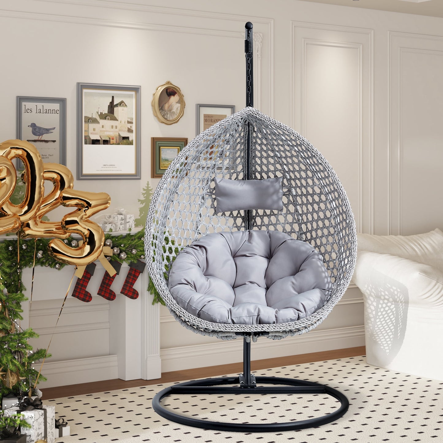 Sudica Egg Swing Chair with Stand Patio Soft Cushion Rattan Wicker Hanging Egg Chair for Bedroom, Garden 350lbs Capacity£¬ Gray