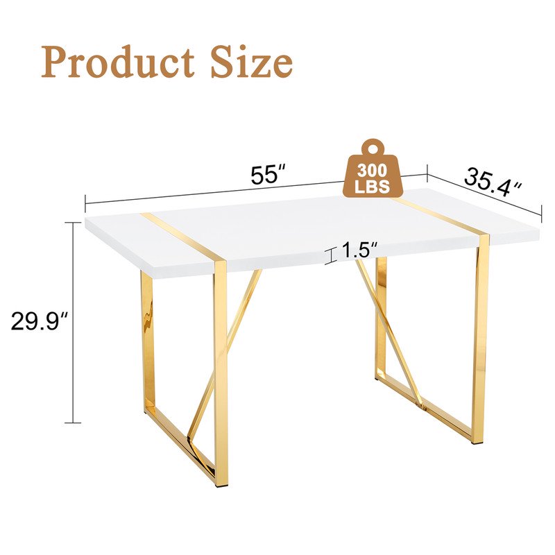 Rectangular Dining Table For 4-6 Person,Sudica 51 inch White Tabletop and golden Metal Legs,for Dining Room,Kitchen