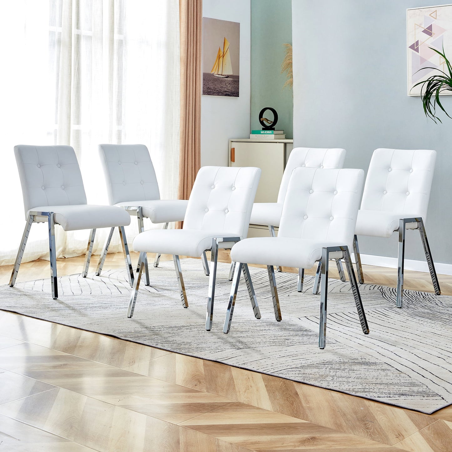 Sudica Dining Room Chairs Set of 6 Upholstered Tufted Mid-Century Modern Kitchen Chairs with Chomon Legs, White(chairs only)