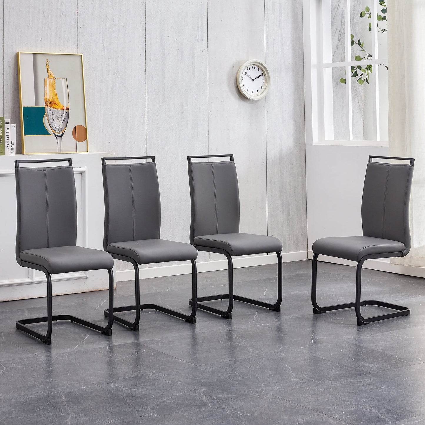 Modern Dining Side Chair Set of 4, PU Leather Side Chairs with Metal Legs for Home, Dark Gray