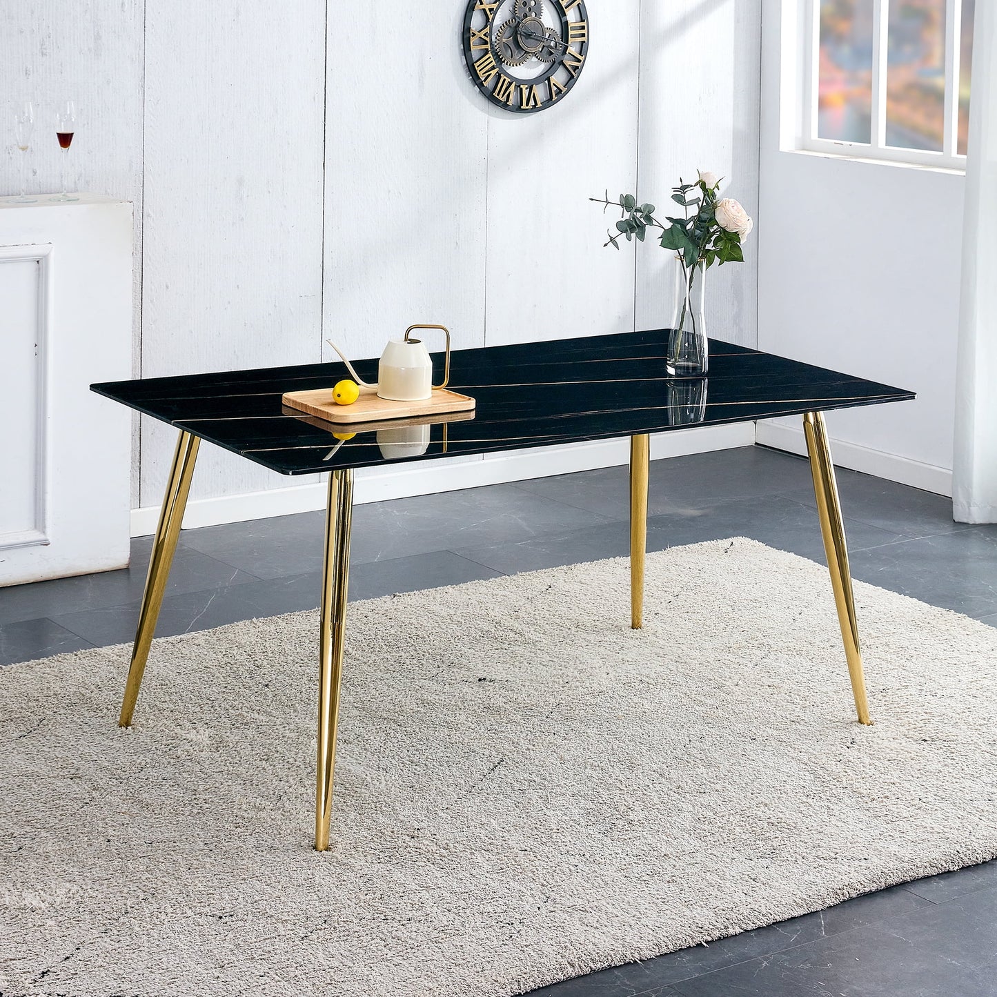 Dining Table with Marble Grain for 6, Sudica 63" Large Rectangular Kitchen Table with 4 Golden Plating Metal Legs