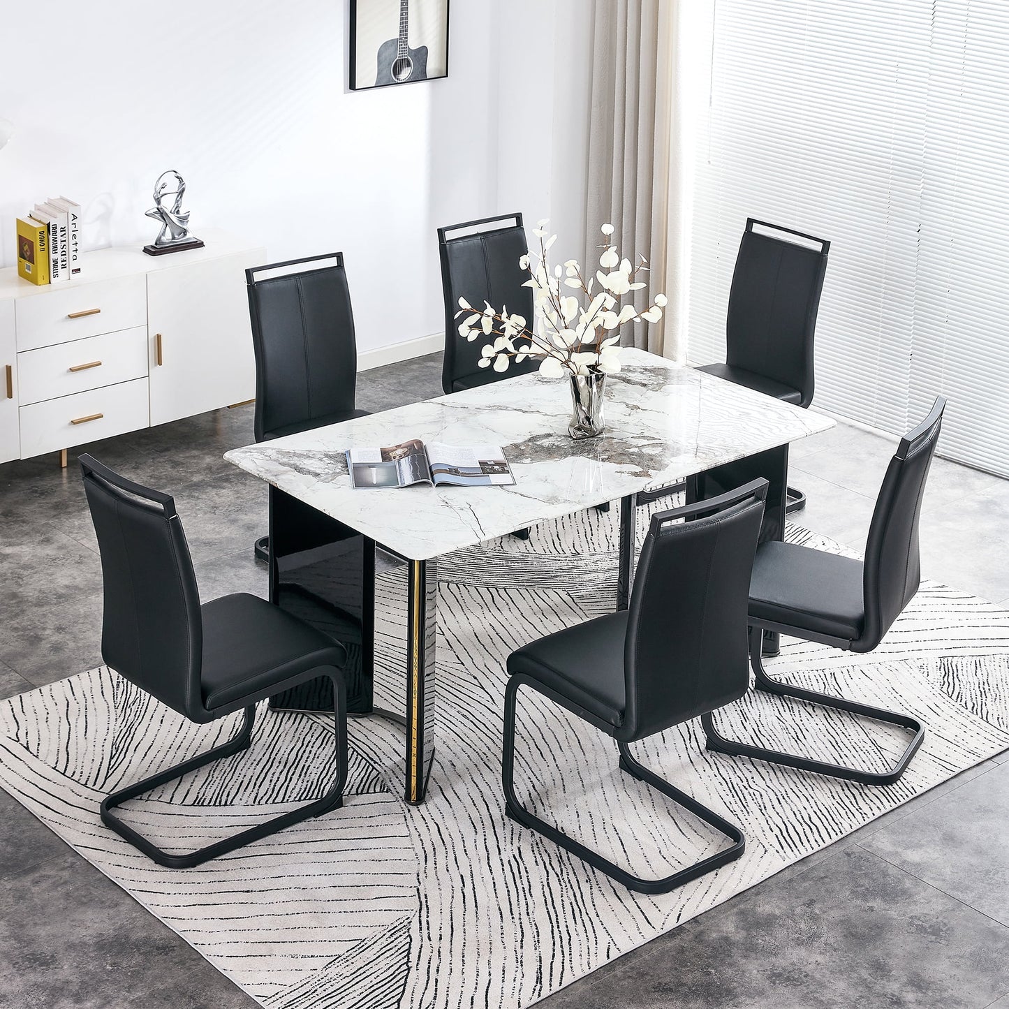 Sudica Dining Set for 6, Rectangular Marble Kitchen Table with Uphlostered Dining Room Chairs, Black Legs