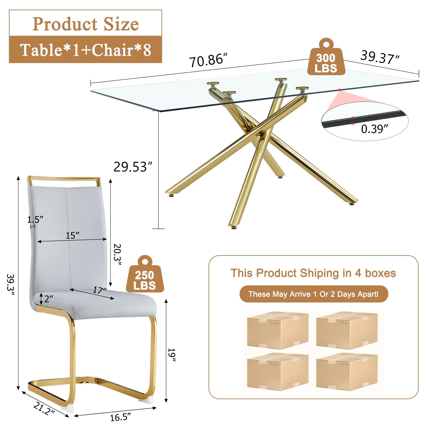 Sudica Glass Dining Table Set for 8, 71" Large Rectangular Kitchen Glass Dinner Table with Upholstered Golden Legs Dining Room Chairs, Light Gray