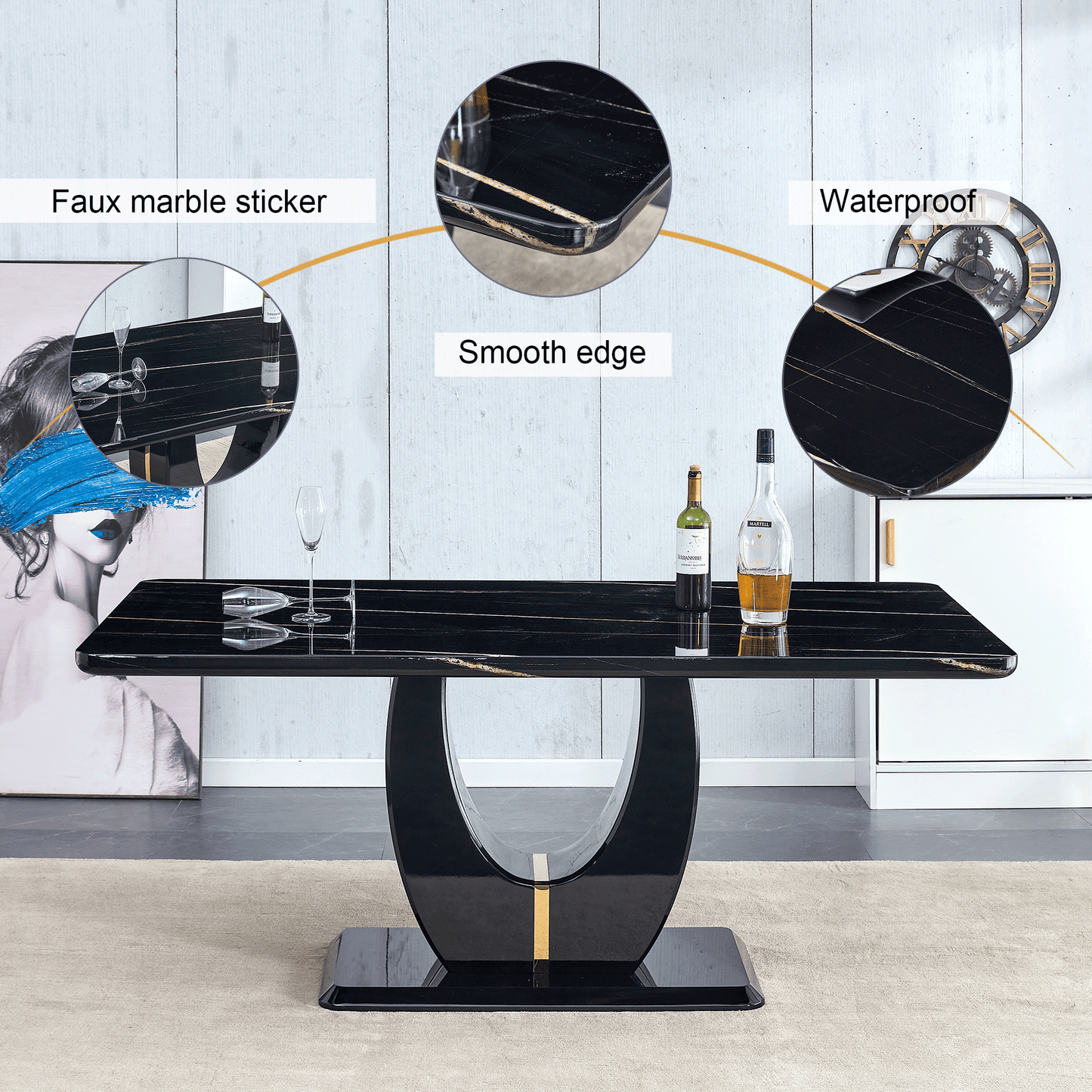 Sudica Marble Dining Set, Large Kitchen Table with 6 Gold Legs Dining Chairs 71" Modern Dining Table Set for Home,Black