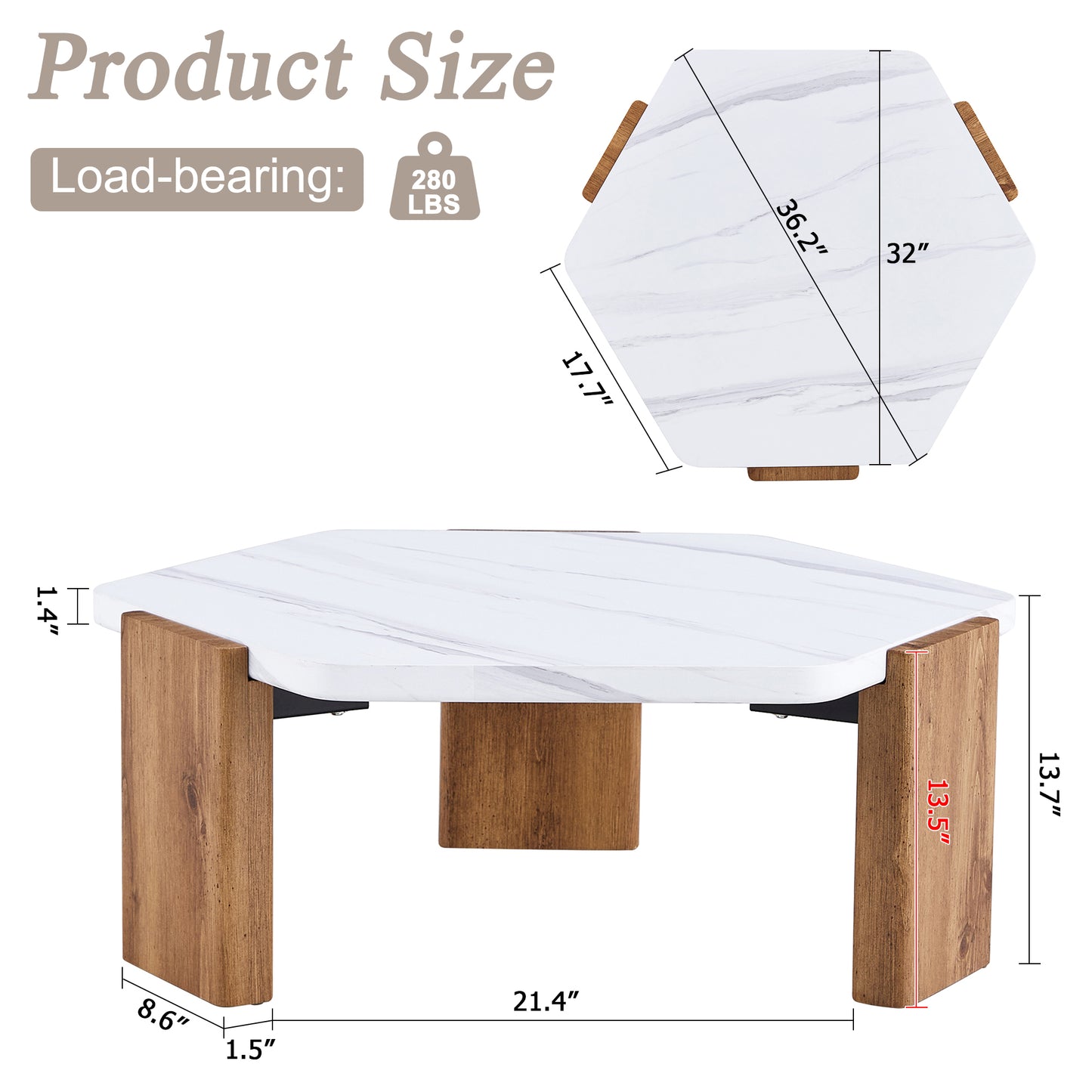 Sudica White Coffee Table,36 inch Hexagon Faux Marble Coffee Table with Wood Legs Center Table for Living Room