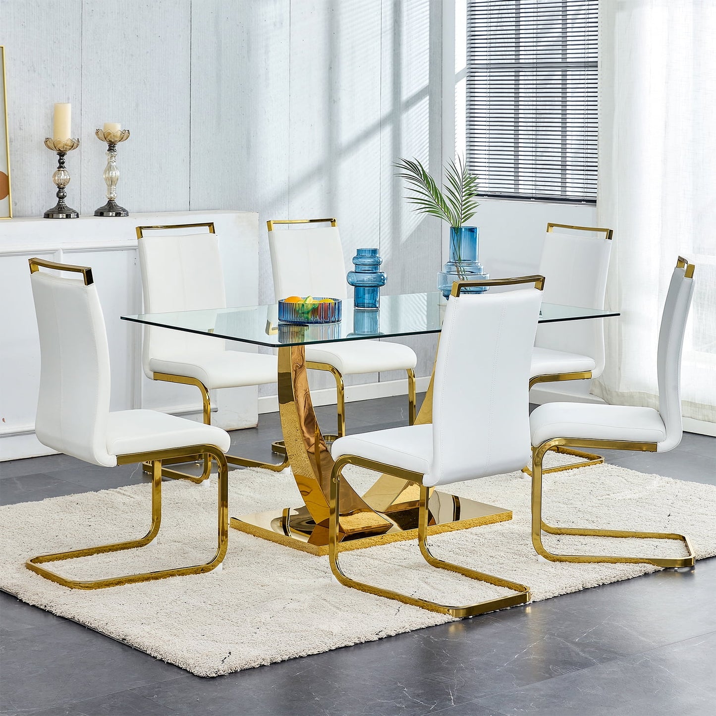 Glass Dining Table Set for 6, Sudica 63"Rectangular Dining Room Table and Leather Dining Chairs Set with Chrome Gold Legs, White