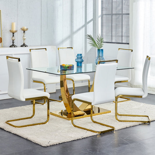 Glass Dining Table Set for 6, Sudica 63"Rectangular Dining Room Table and Leather Dining Chairs Set with Chrome Gold Legs, White