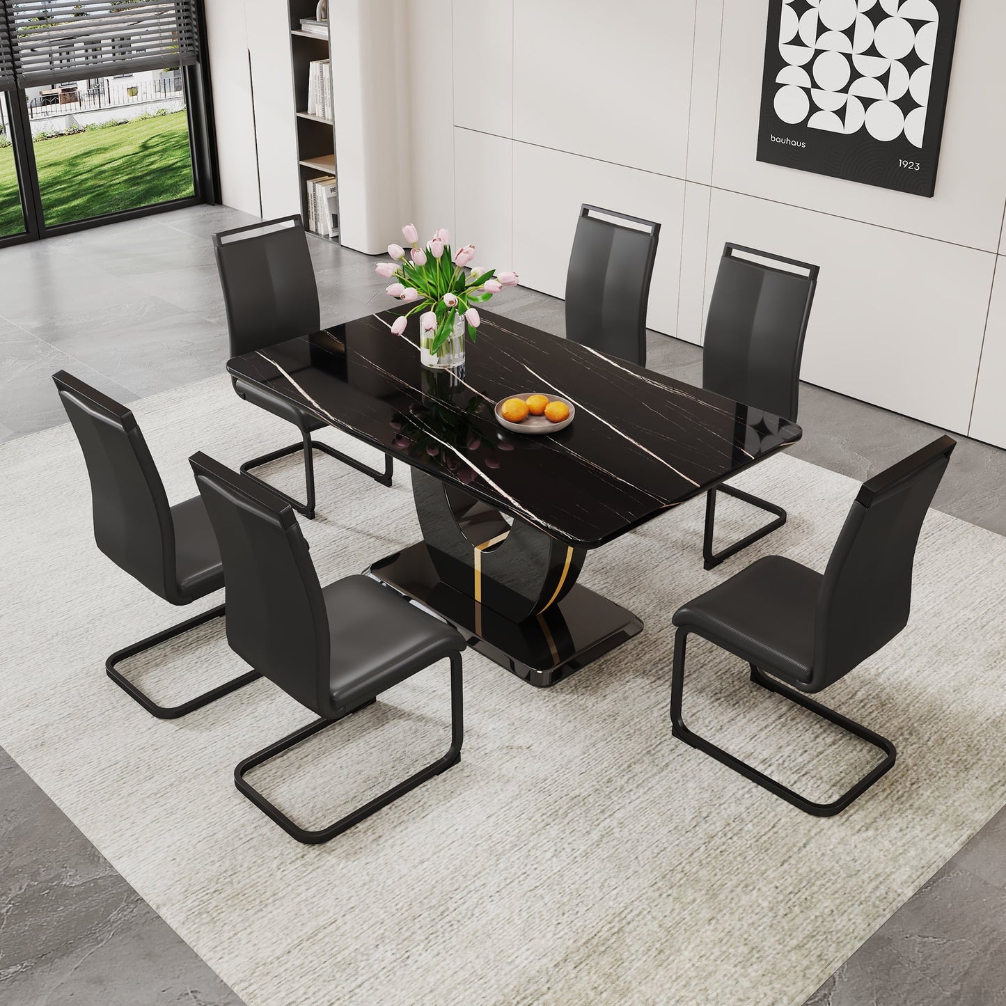 63" Dining Table Set for 6, Modern Black Faux Marble Rctangular Table with 6 Upholstered PU Leather Kitchen Chairs, Black