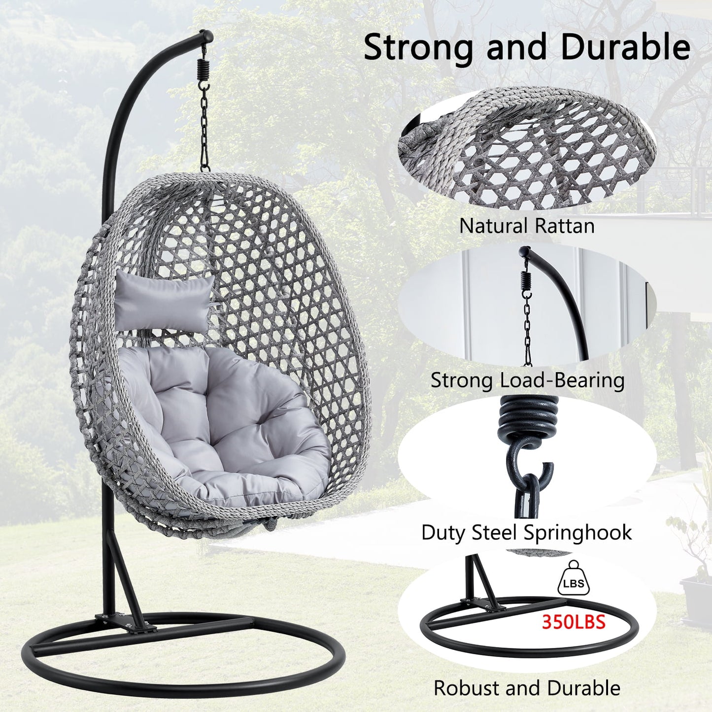 Sudica Hanging Egg Chair with Stand Patio Soft Cushion Rattan Wicker Egg Swing Chair for Bedroom, Garden 350lbs Capacity, Gray