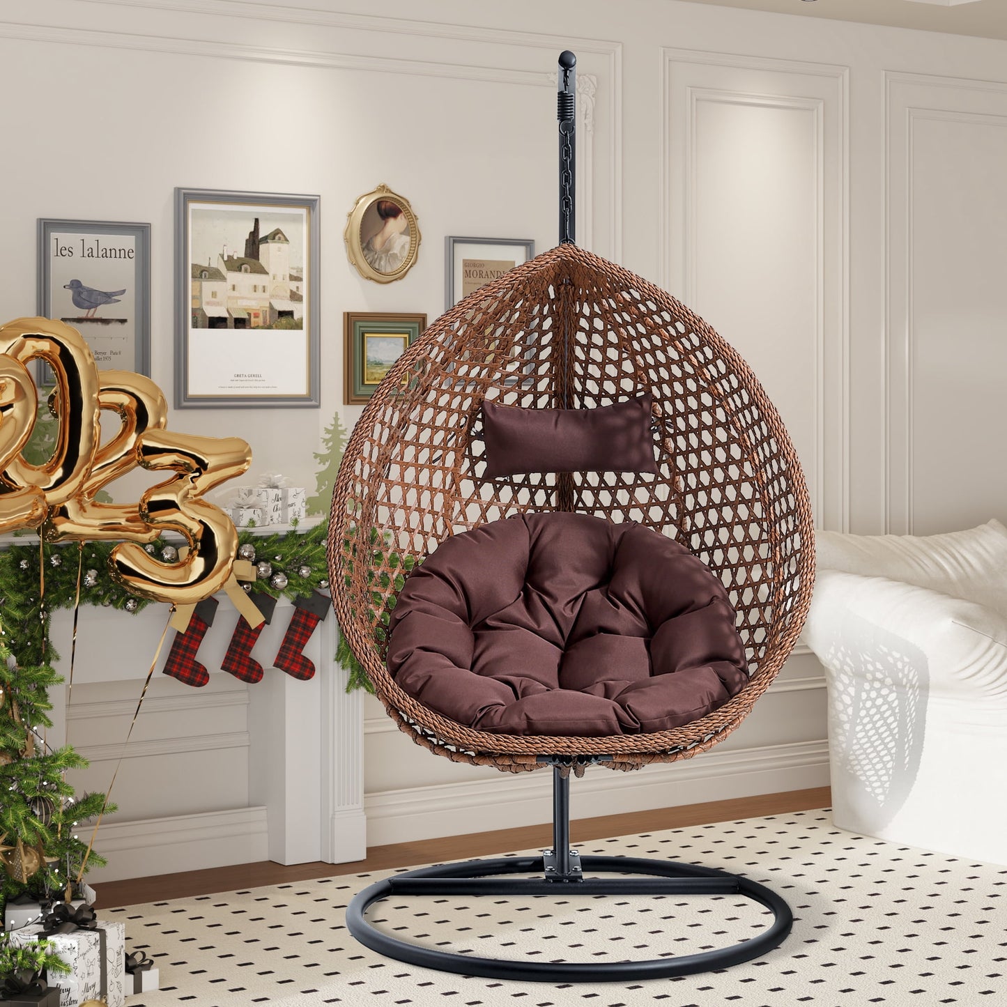 Sudica Egg Swing Chair with Stand Patio Soft Cushion Rattan Wicker Hanging Egg Chair for Bedroom, Garden 350lbs Capacity, Brown