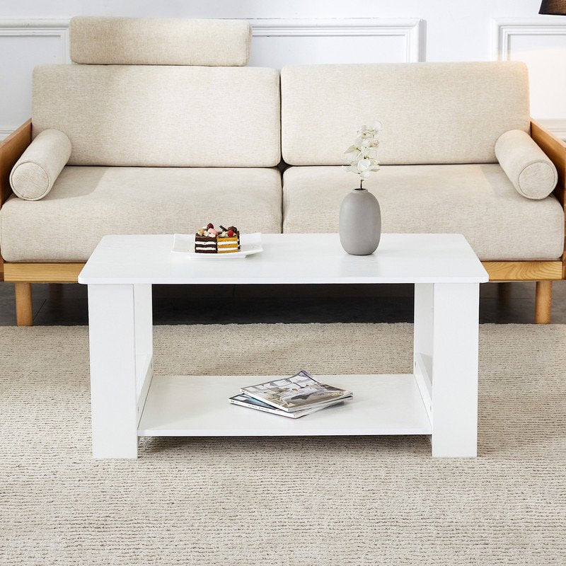 Sudica 35.4 inch Coffee Table with Storage Shelf Rectangular Rustic Wood Cocktail Table for Living Room,White