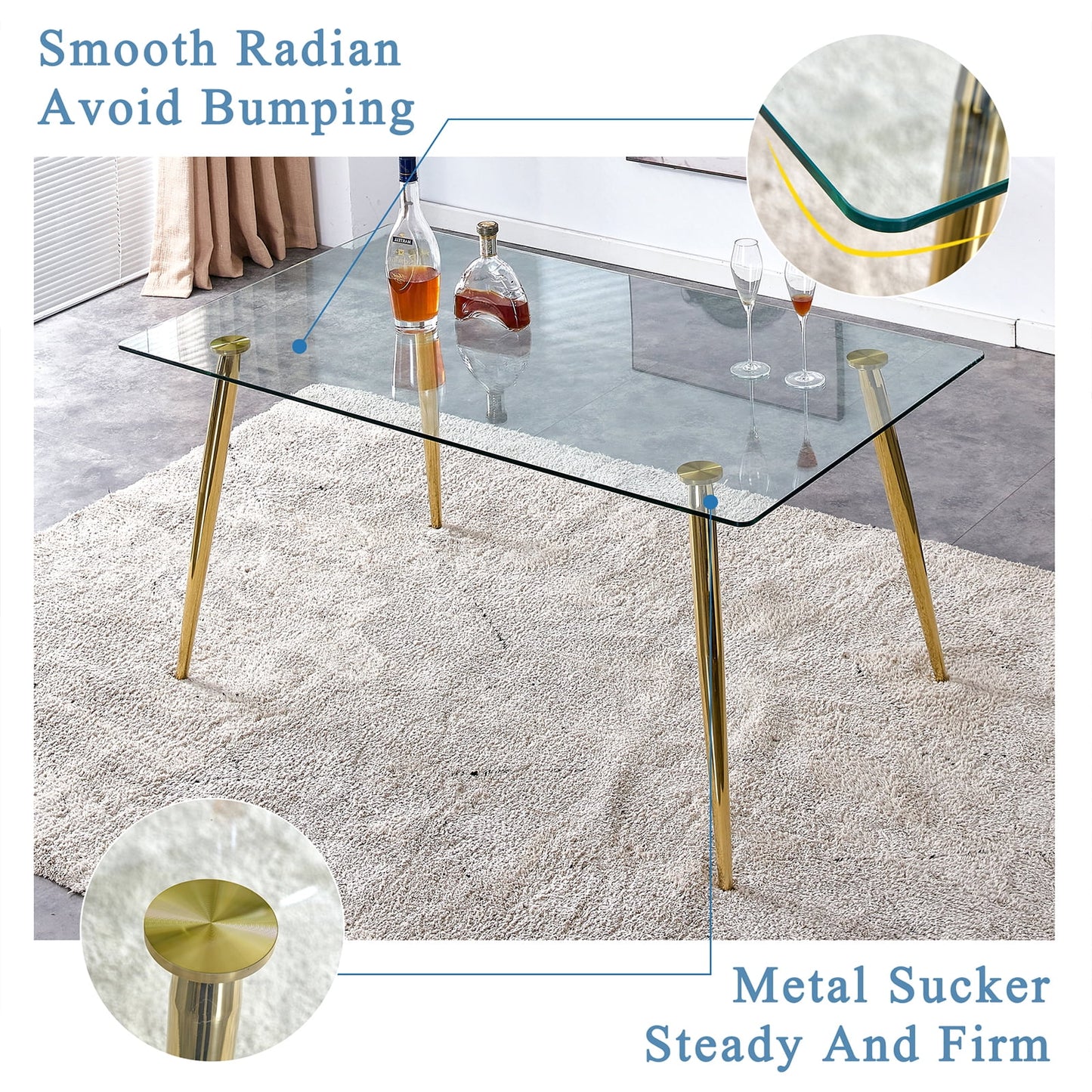 Tempered Glass Dining Table for 4, Sudica 51" Modern Rectangular Glass Kitchen Table with 4 Golden Plating Metal Legs